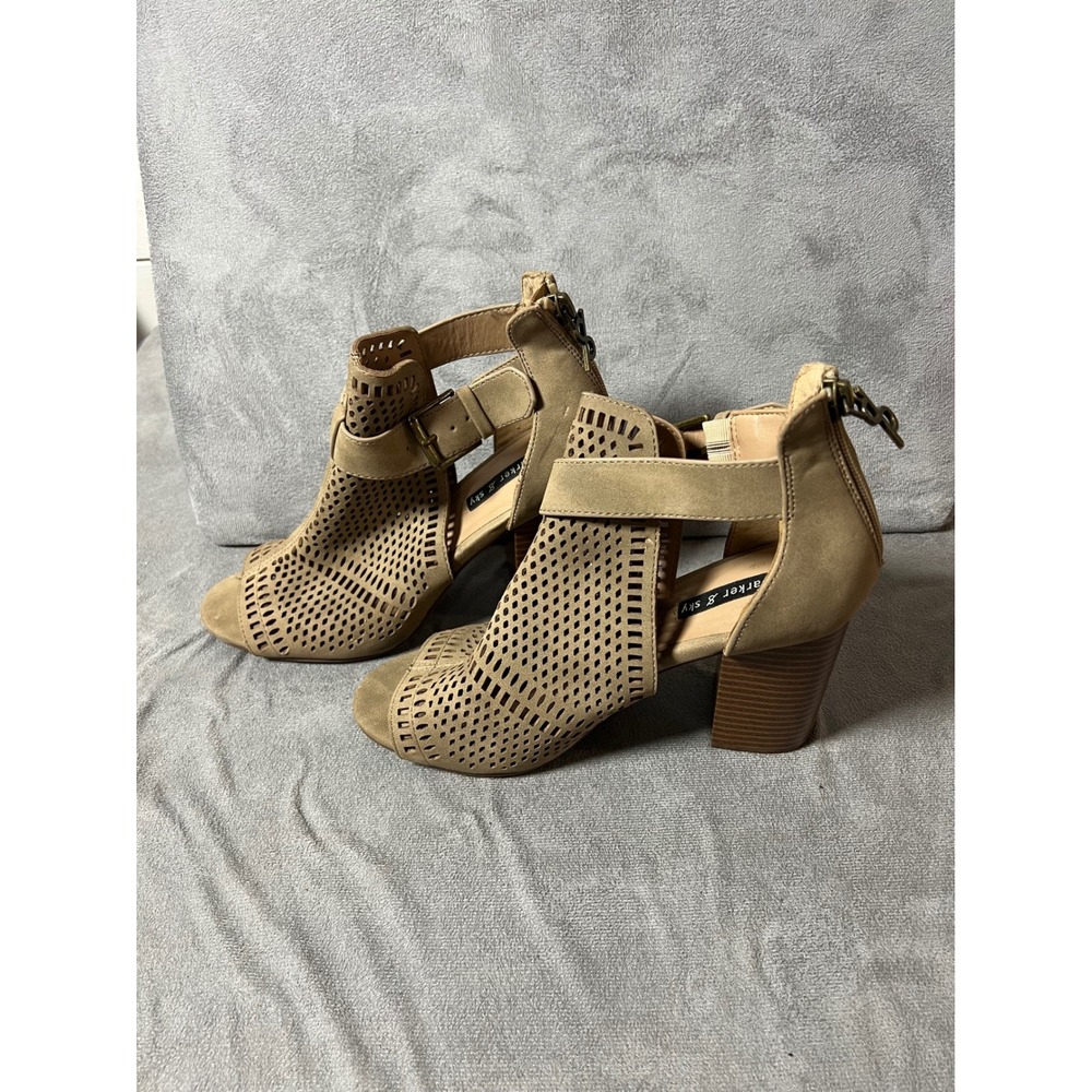 Parker Sky Womens Tan Perforated Peep Toe Block Heel Ankle Booties Size‎ 6.5